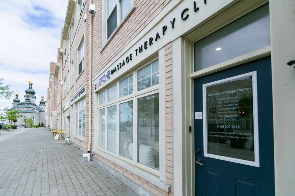 Outside of the Epione Massage Therapy Clinic, Registered massage therapy